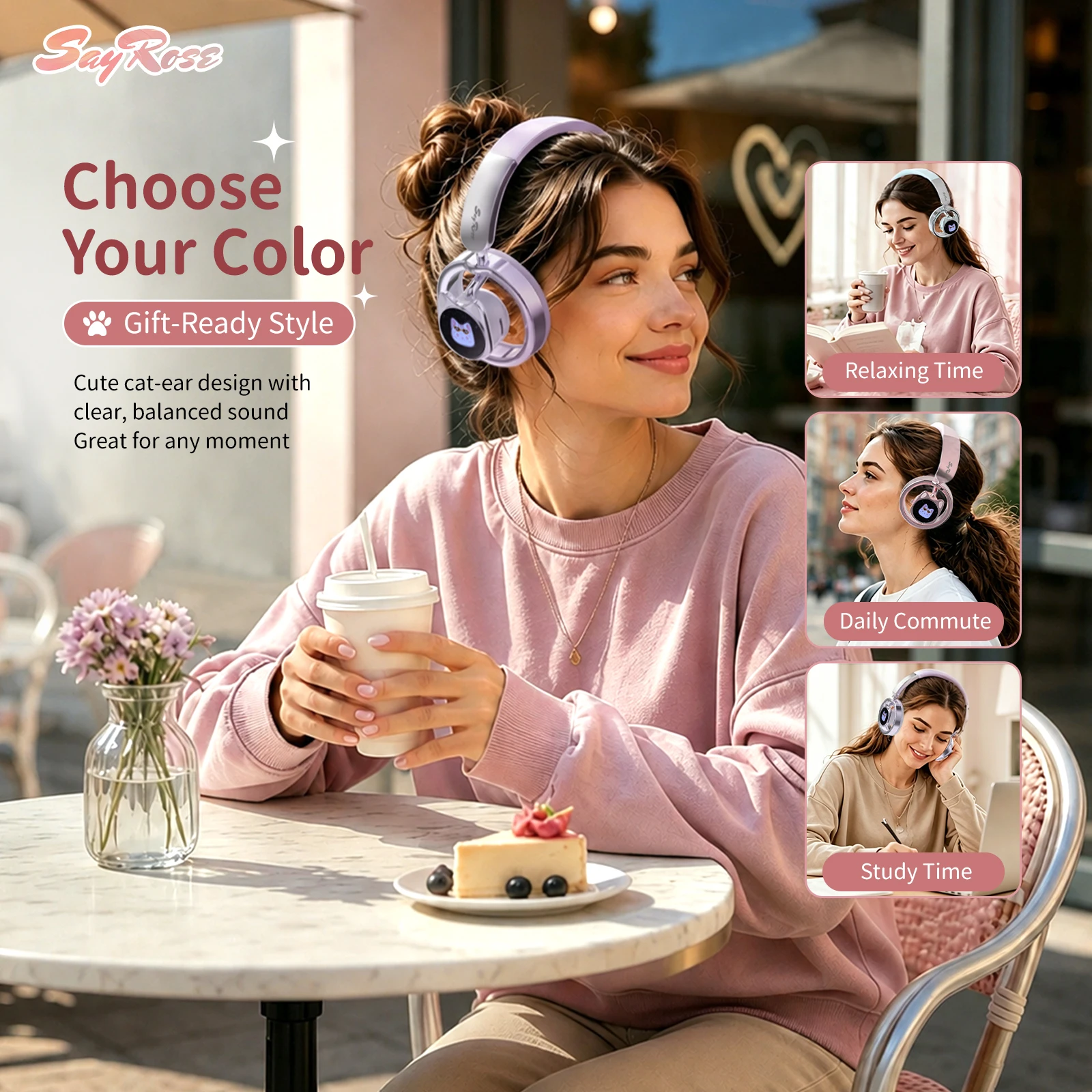 SayRose RJ‑98 Cute Cat‑Ear Starry Open‑Back Headphones Bluetooth V6.0 AAC SBC Audio Decoding 55H Talk Time IPX5 Sweatproof Wireless Headset for Phone Laptop Girls Gift