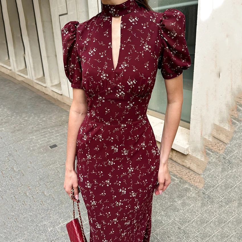 Linad Spring Elegant Print Long Dress Vintage High Waist Puff Sleeve Dresses Lady Casual Chiffon Turtleneck Dress For Women 2026