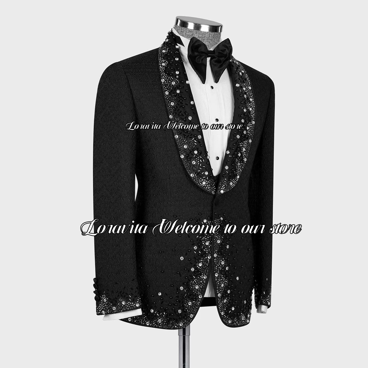 Shiny Gem Stones Men Suits For Wedding Jacquard Groom Tuxedo Luxury Beaded 2 Pieces Male Prom Blazer Shawl Lapel Costume Homme