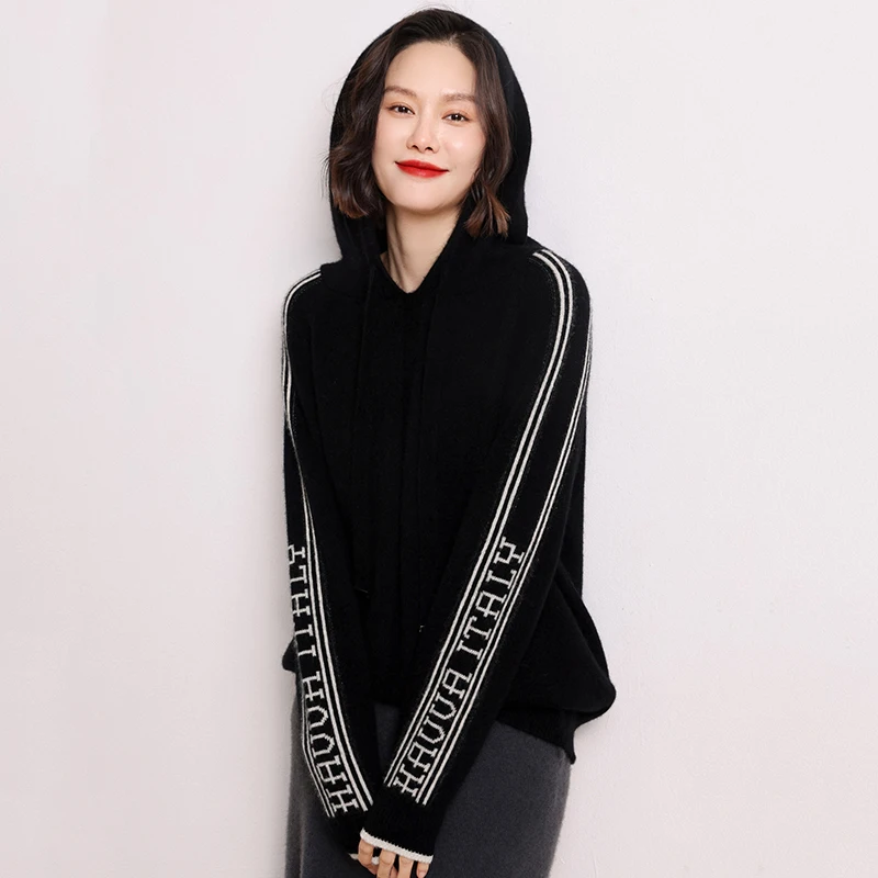 

Cashmere sweater autumn and winter new hooded pullover women's loose knit top letter striped hoodie lazy casual sweater