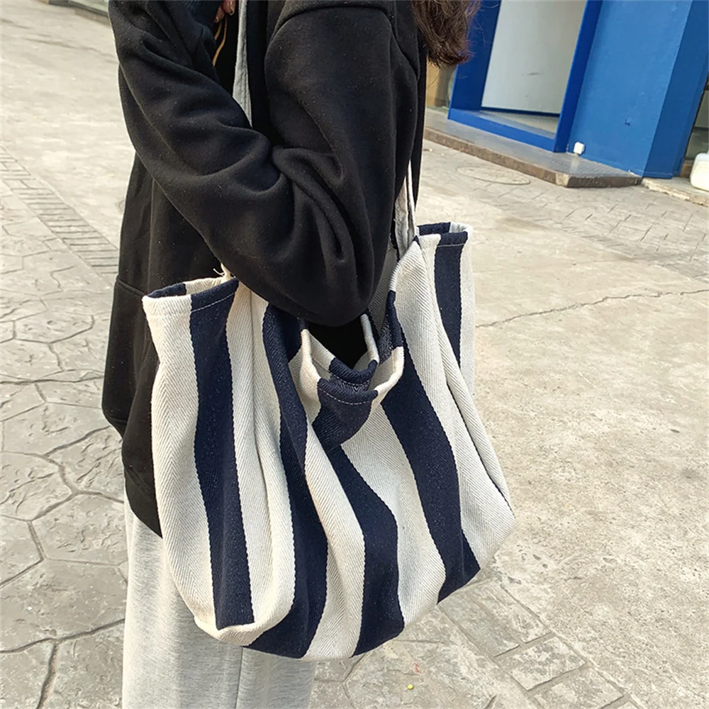 Striped Canvas Bag for Women Simple Literary Shoulder Bag Large Capacity Lazy Wind Canvas Hand-held Shopping Bag Casual Tote Bag