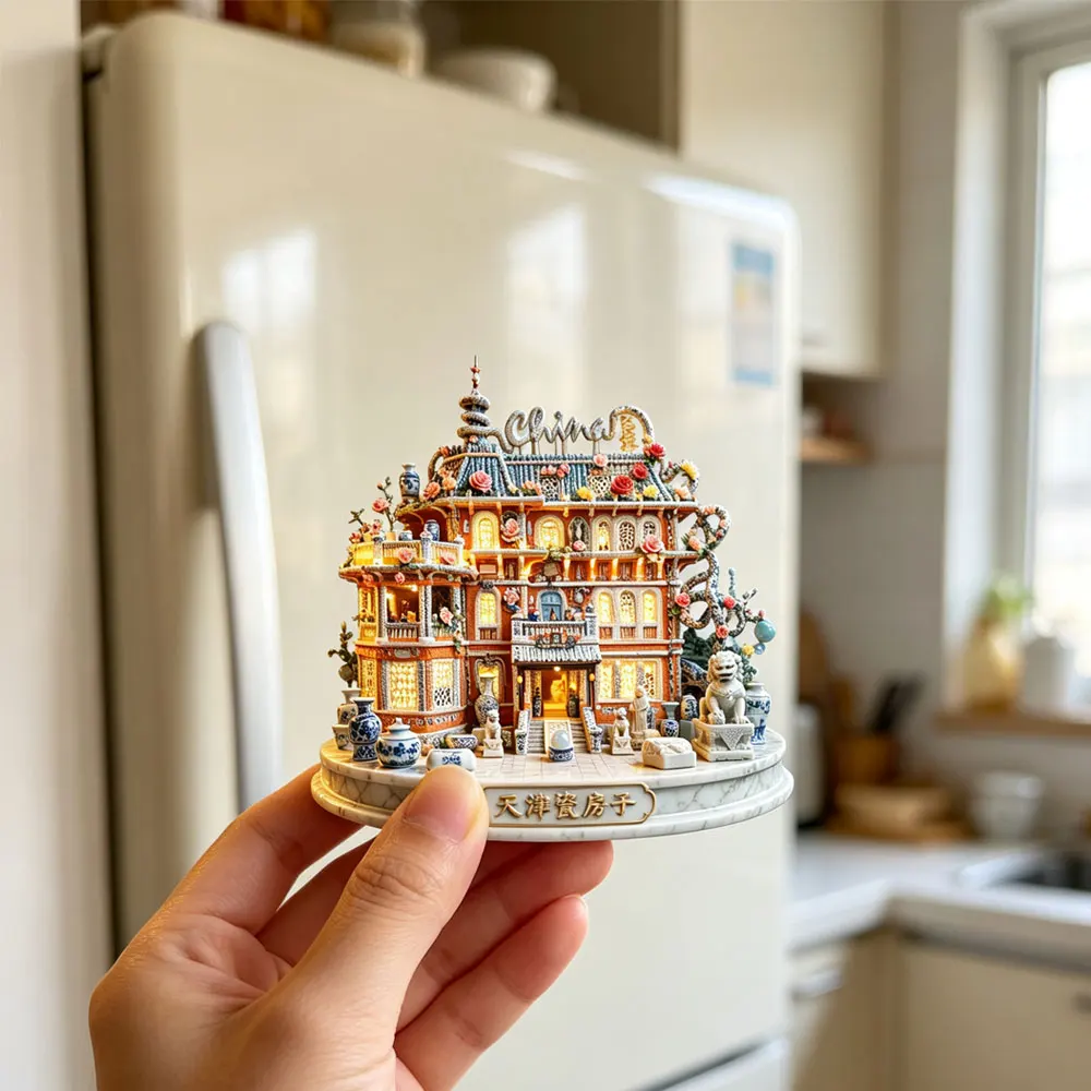Tianjin Porcelain House 3D Embossed Metal Fridge Magnet City Landmark Refrigerator Magnet Travel Souvenir Creative Home Decorati
