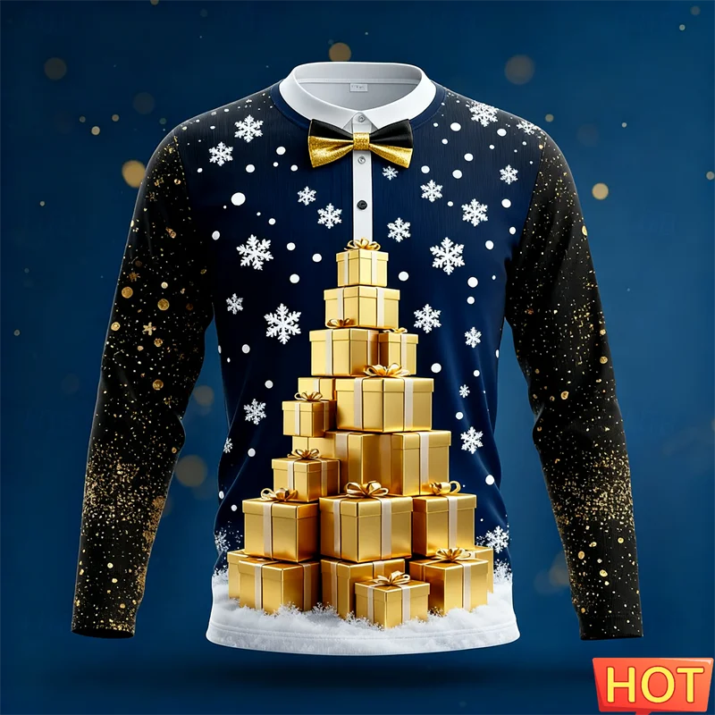 Realistic Suit Pattern Christmas Long Sleeve T Shirt For Men Funny Holiday Wear 3D Printed T-shirt Loose Breathable Xmas Tees