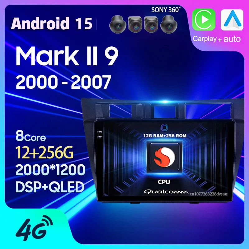 Android 15 Carplay Auto Per Toyota Mark II 9 GX110 2000 2001 - 2007 Autoradio GPS Multimediale 2 Din Unità Principale Lettore Video Stereo