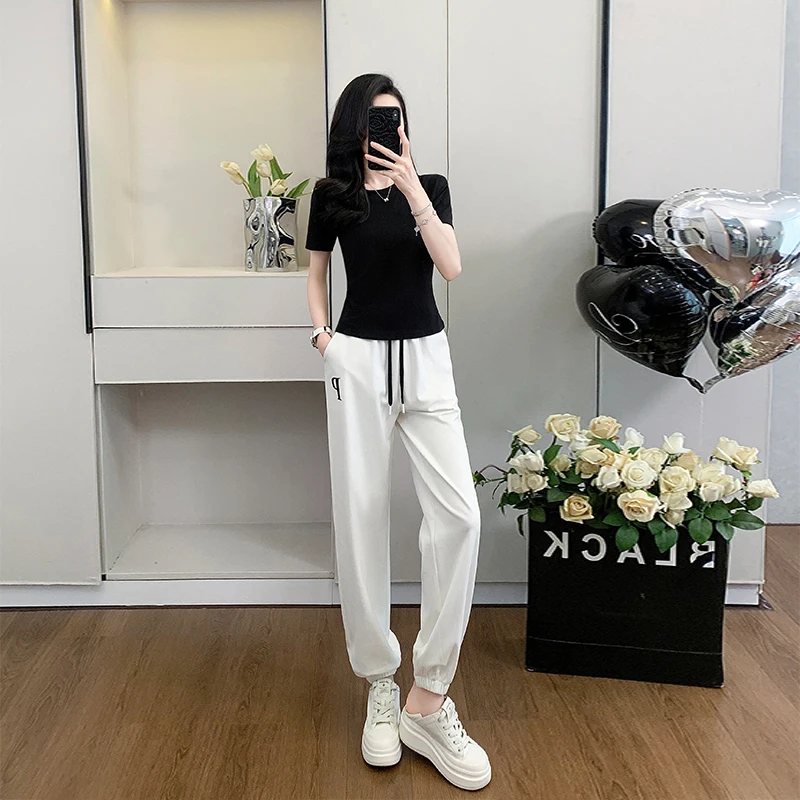 

Повседневный спортивный костюм с высокой талией на лето, тонкие брюки с завязками на ногах, женский спортивный топ, стильный универсальный корейский стиль