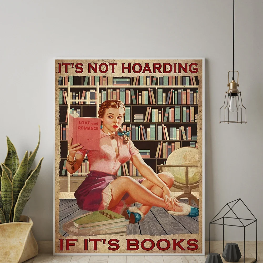 It’s Not Hoarding If It’s Books Quote Vintage Poster Girl With Books Print Wall Picture for Living Room Library Gift For Reader