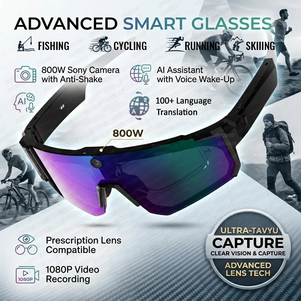 

Новые умные очки для велоспорта 2026 года для мужчин: 8 МП HD-камера с защитой от дрожания, запись видео 1080P, AI-ассистент, 100+ функций перевода, музыкальные очки