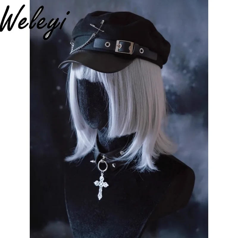 

Jirai Kei Kawaii Y2k Hat American Fashion Super Cute Handmade Square Leather Buckle Chain Newsboy Cap Dark Subculture Black Hats