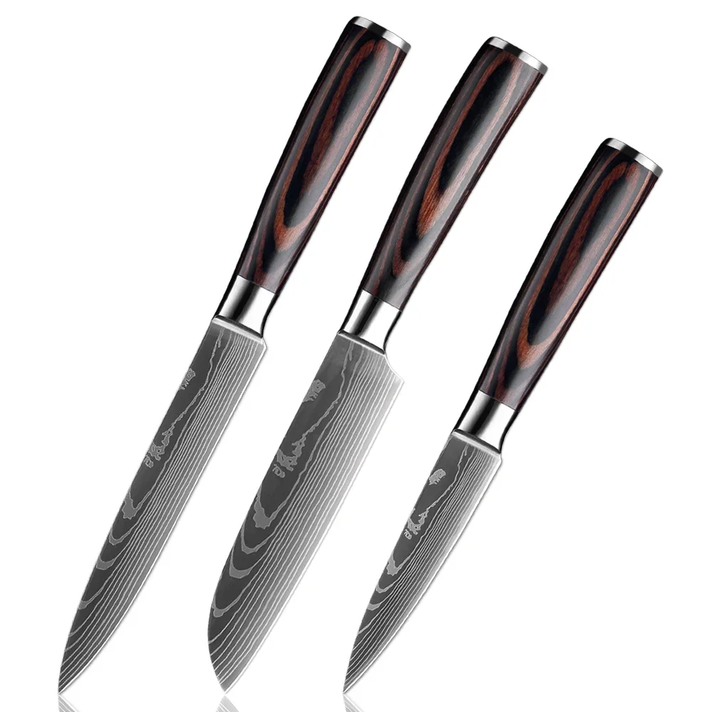 Stainless Steel Kitchen Knife Set 1-3PCS Laser Damascus Pattern Sharp Santoku Knife Fruit Knife Utility Knife Color Wood Handle