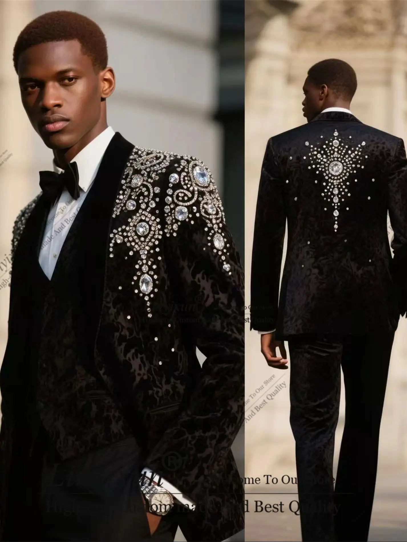 

Мужские костюмы из уникальной ткани с кристаллами и бриллиантами, комплект из 3 предметов, мужские пиджаки для жениха, индивидуальные облегающие свадебные смокинги с остроконечными лацканами, Ropa hombre