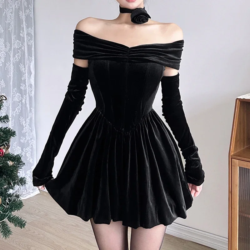 Y2k Elegant Gothic Velvet Mini Dresses Women Ruched Off Shoulder A-line Partywear Bodycon Dress Formal Corset Outfits Vestidos