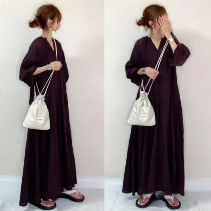 

Loose V-ne Lantern Sve Dr Women's Large Version Retro Color Long Dr Faionable A-line Skirt Polyester Fiber
