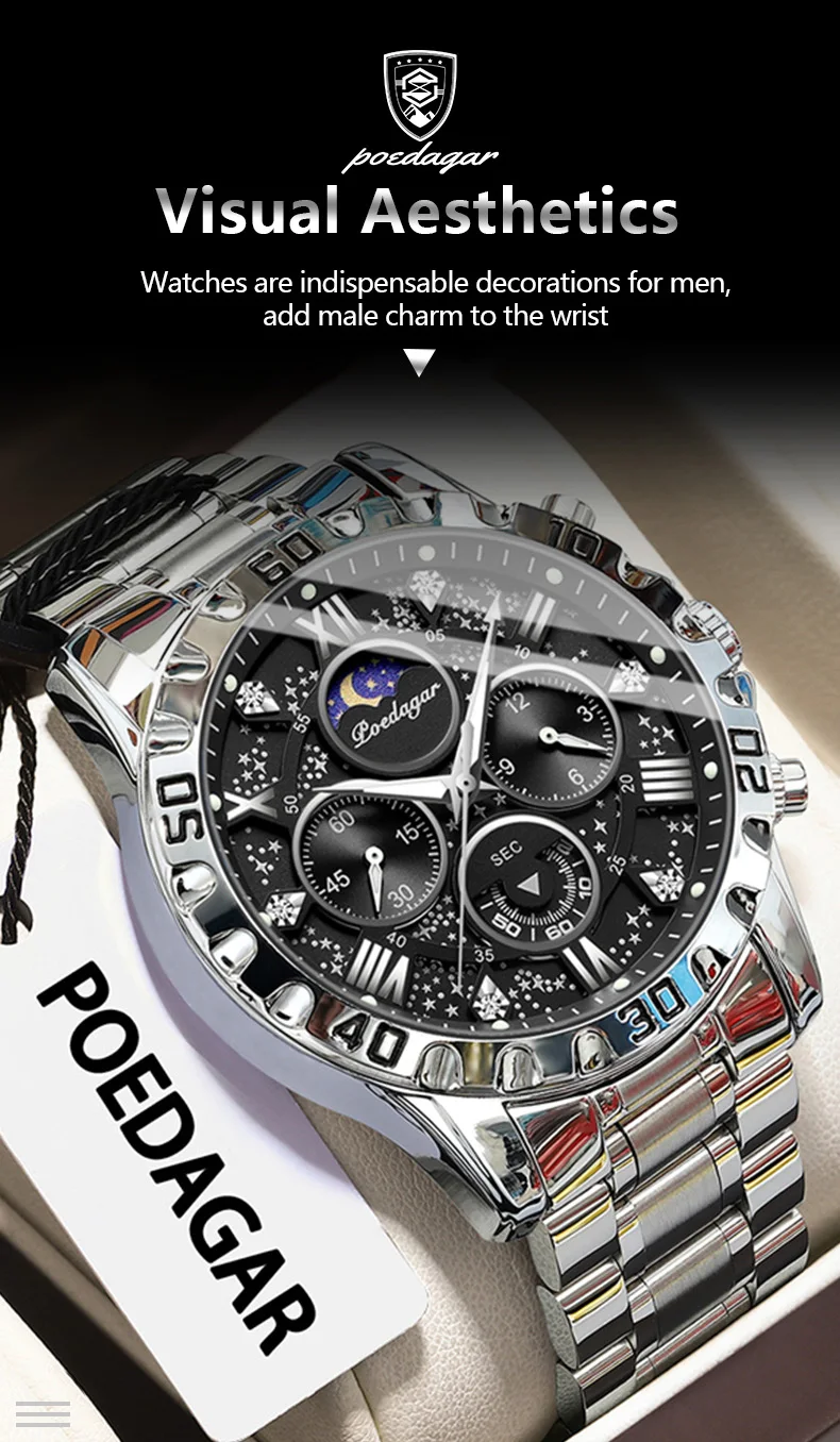 POEDAGAR Luxus Mann Uhr Wasserdicht Leucht Edelstahl Quarz herren Armbanduhr Chronograph Militär Uhren Für Männer Reloj – Detail 7