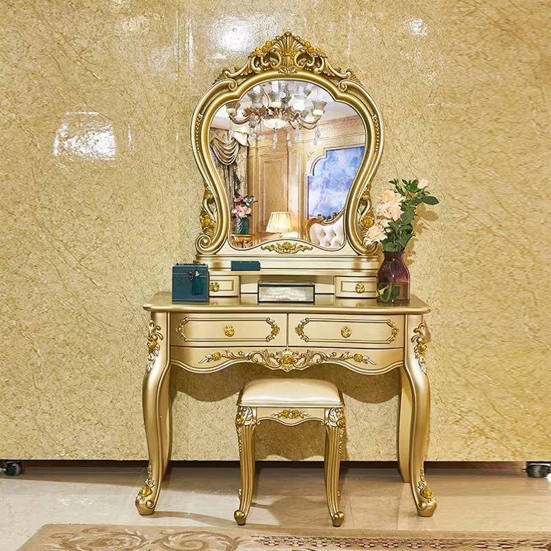 

Gold Luxury Vintage Vanity Table Mirror Drawers Nordic Bedroom Vanity Makeup Desk Wooden Unique Schmincktisch Furniture Home