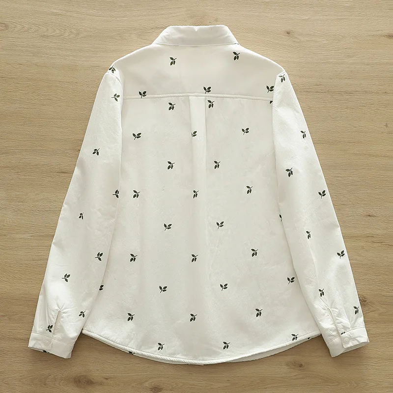 [Estoque pronto] blusa feminina de fio de algodão 100% de alta qualidade, camisa com folhas de lã quente, camisas brancas espessadas, top feminino