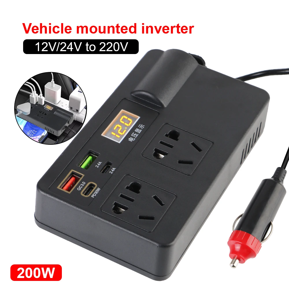 

Voltage Detection Car Inverter 200W QC 3.0 Power Adapter USB/PD/Type-C Chargers ON/OFF Switch DC 12V/24V to AC 220V Converter