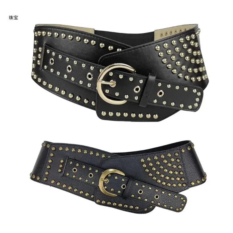 

X5QE Rivets Studded Belt Aesthetic Corset PU Waistband Dress Belt Casual Wide Belt