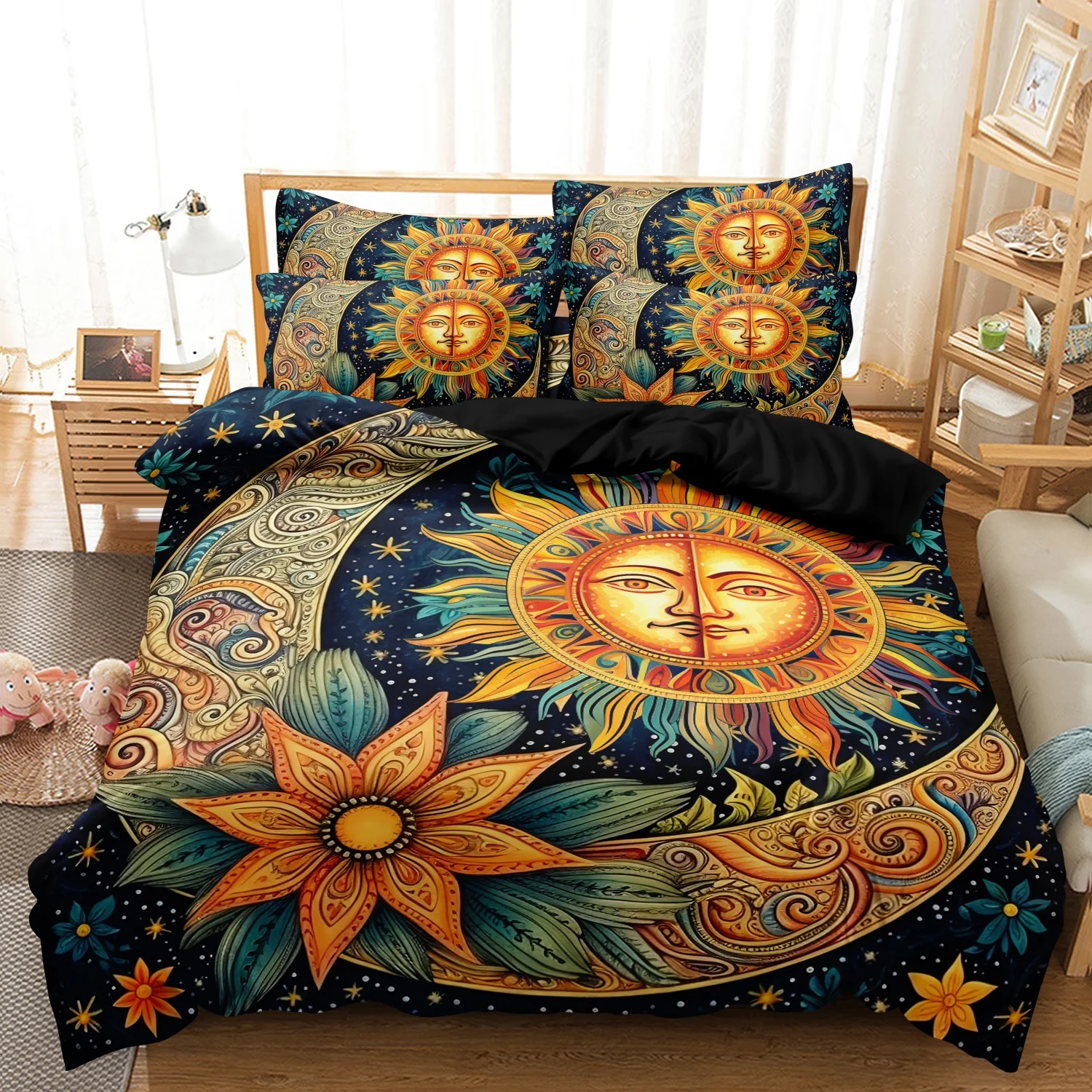 Vintage Sun Moon Floral Print Duvet Cover Set, 3Pcs Dark Blue Starry Sky Celestial Sun Face Crescent Moon Flower Pattern Bedding