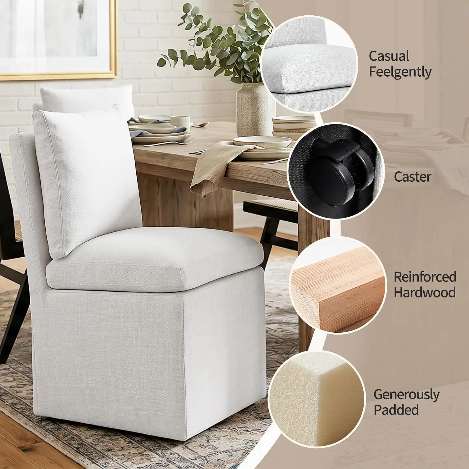 Armless Upholstered Dining Chair with Casters, Linen Side Chair Set of 2 for  Bedroom Kitchen, 4 Wheels, Customized