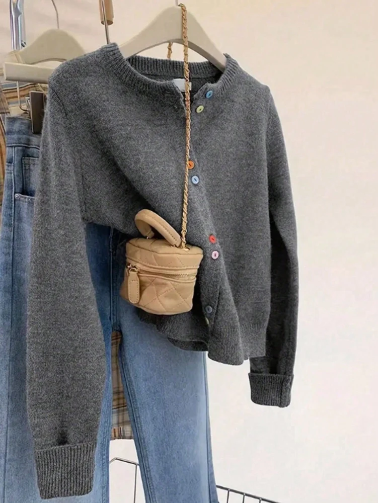 

Design Crash Colour Buttons Temperament Versatile Knitting Sweater Cardigan Jacket Small Round Collar Simple