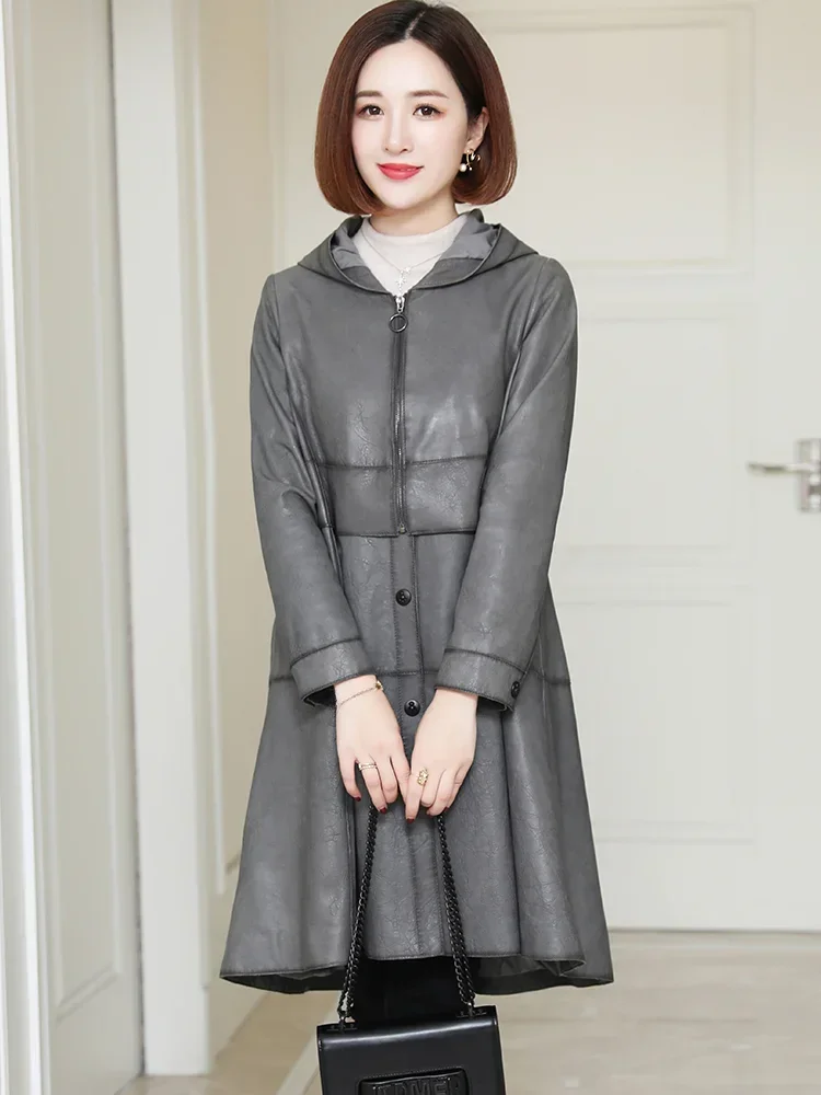 2024 Echt Leren Jas Dames Trenchcoats Koreaanse Mode Echte Schapenvacht Leren Jas Elegante Leren Jassen Met Capuchon SGG