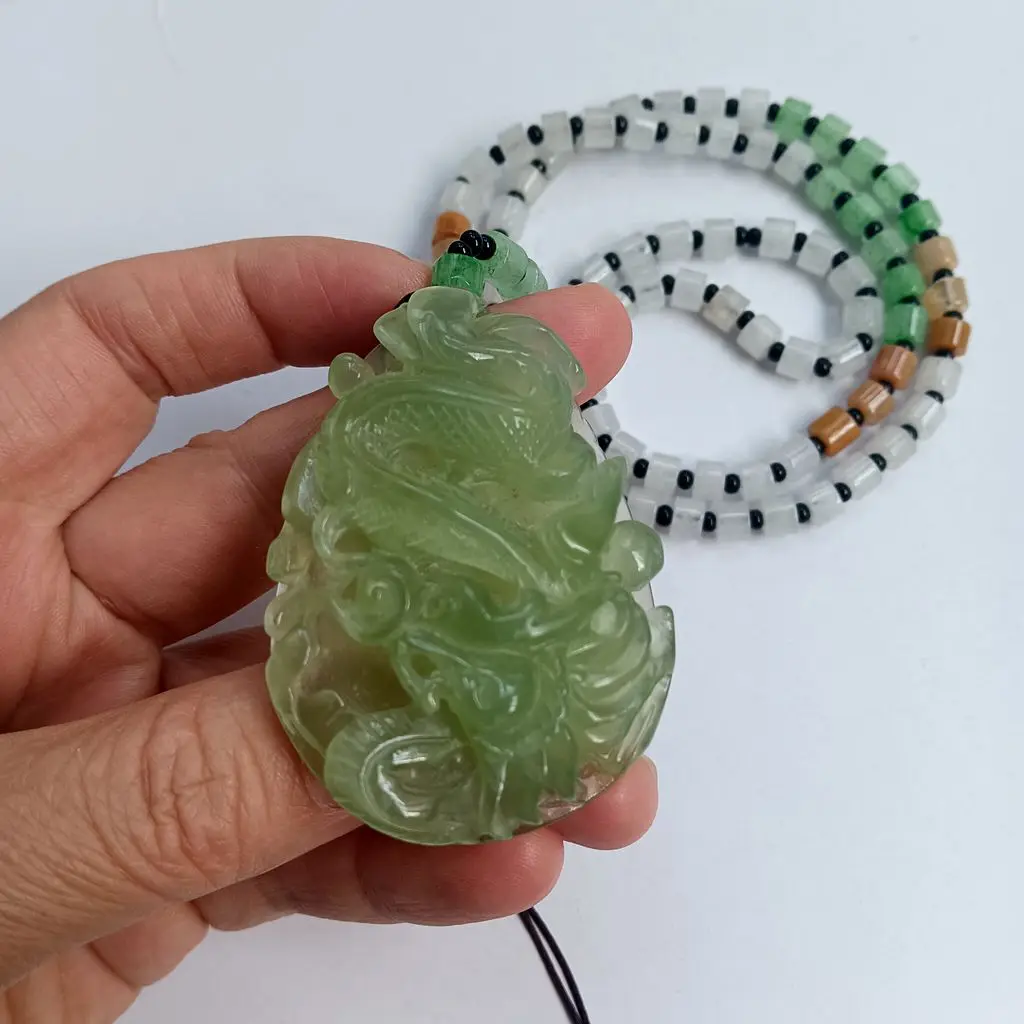 

Nature Green Jade Pendant Amulet Carven Dragon Mascot With Emerald Bead Necklace Talisman