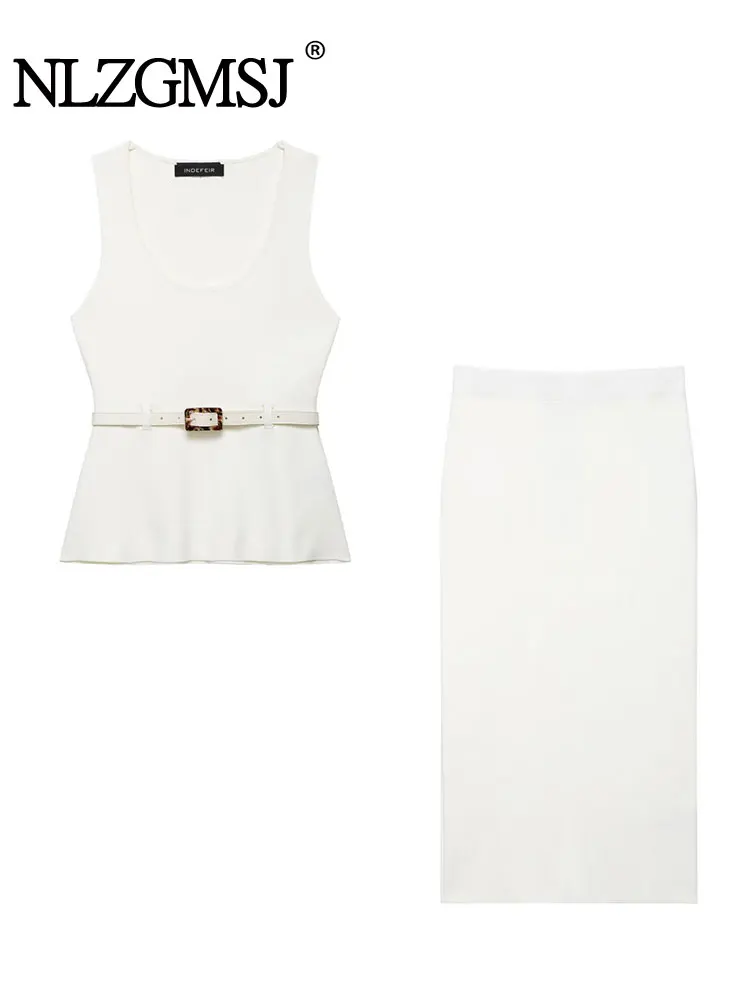 

Шикарный однотонный женский костюм с круглым вырезом, вязаный топ без рукавов с поясом, прямая длинная юбка-миди, новая мода, летний костюм 2025 г.