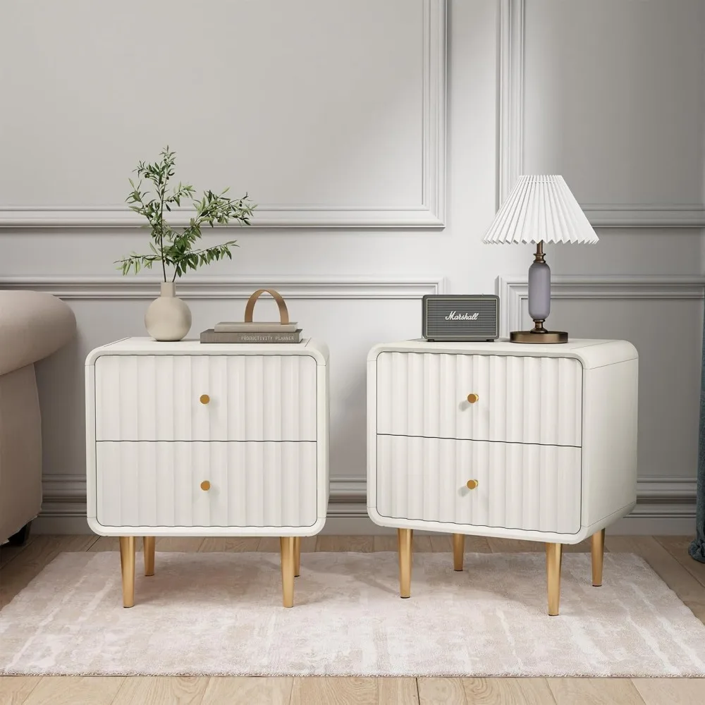 

Modern Nightstand Set of 2, Fluted Bed Side Table with 2 Drawers Storage, Wood End Table with Gold Metal Handle, White Night St