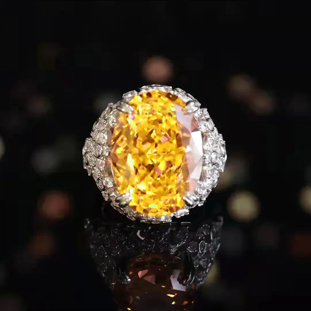 2023 Trendy 925 Sterling Silver Shine Dazzling Cubic Zirconia Oval Yellow Diamond Finger Ring for Women Luxury Wedding Jewelry