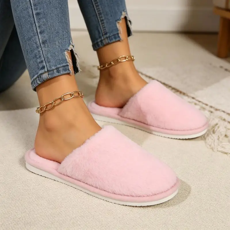 Women Soft Sole Non Slip Fluffy House Slippers 2026 Winter Comfort Plush Cotton Slippers Light Weight Close Toe Slides for Women