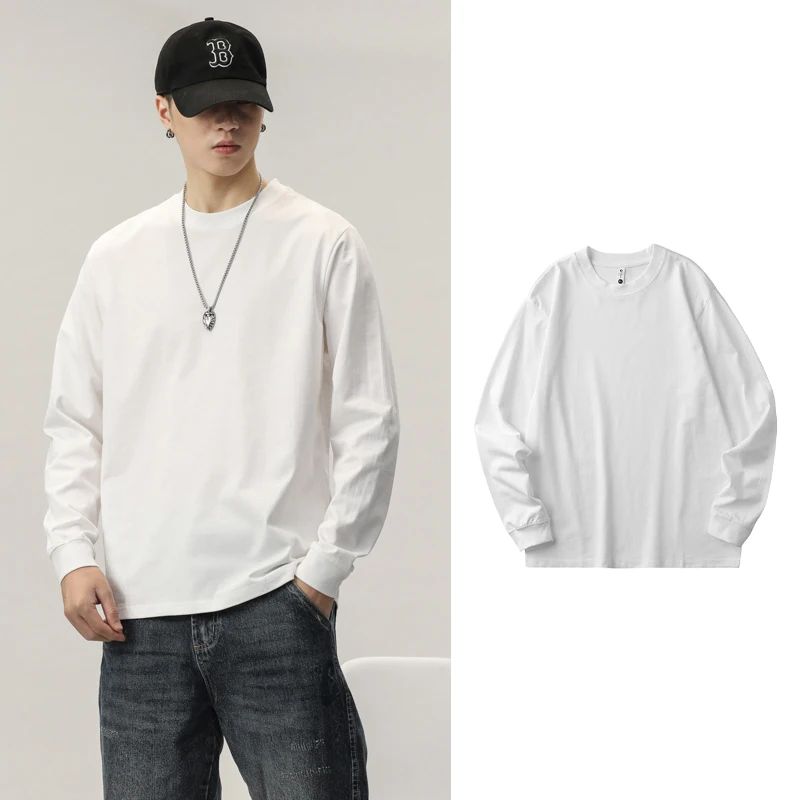 Cotton Long-Sleeved T-Shirt Men's Spring And Autumn Basic Solid Color Inner Loose Sweatshirt Men's White Bottoming Shirt