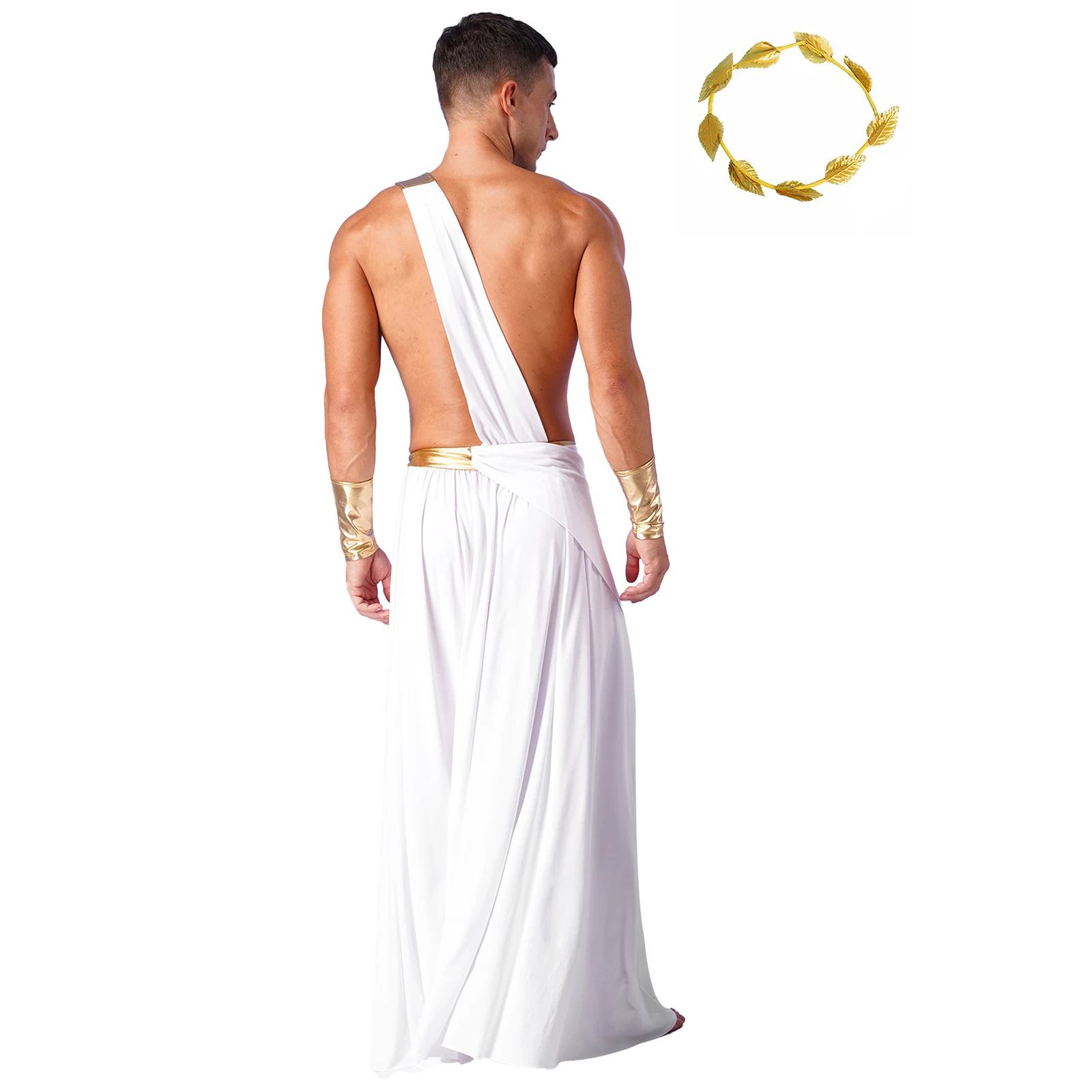 Mens Ancient Greek Costume Roman Emperor Cosplay Fancy Dress Outfits One Shoulder Toga with Wristband and Headwear for Halloween - view 3