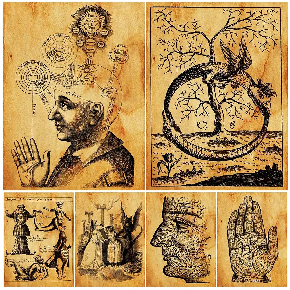 

Ouroboros,Palmistry,Alchemist Rune,Witchcraft Vintage Wall Art Canvas Print Black Sabbath Occult Art Poster Print Home Decor