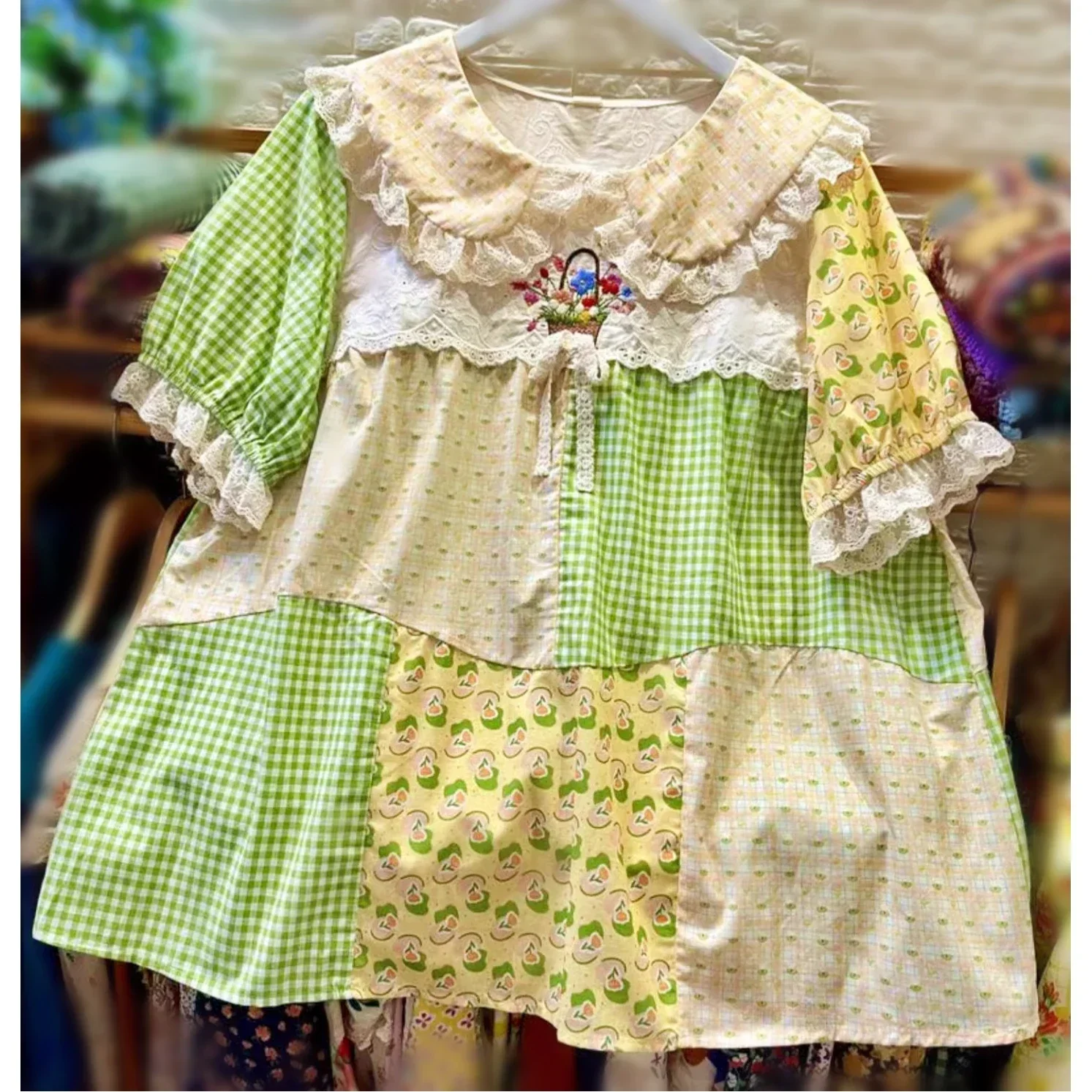 Women Mori Girl Patchwork Cotton Bow Lace Babydoll Blouse Vintage Retro Shabby Chic Victorian Rococo Cottage Core Tops Shirt