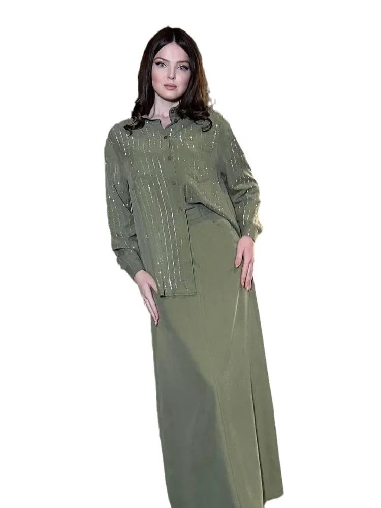Damski dwuczęściowy zestaw muzułmański nadruk w paski koszula spódnica garnitury Casual arabski Ramadan Abaya Islam Kaftan kieszenie Jalabiya dubaj abaje