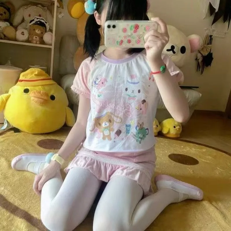 ญี่ปุ่น Retro Subculture น่ารักการ์ตูนพิมพ์เสื้อยืดสีชมพู Harajuku หวาน Kawaii เย็บ Tees ผู้หญิงแฟชั่นความงาม Tops