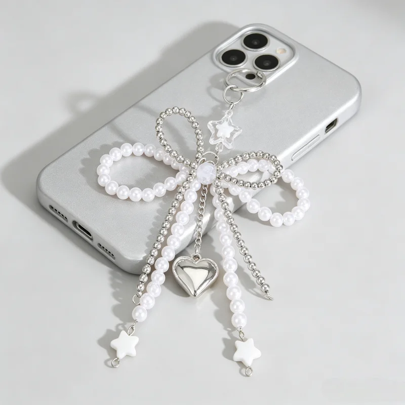 New Mobile Phone Case DIY Sweet Pearl Bow Keychain Phone Pendant Keyring Y2K Aesthetic Holder for Girl Bag Pendant Accessories