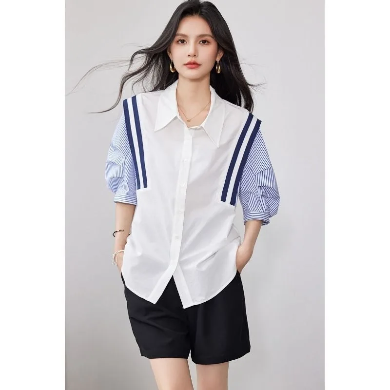 Womens Button Down Shirts Short  Sleeve Korean Fashion V Neck Tops Wrinkle Free Collared Work Office Solid Blouses Corset Tops
