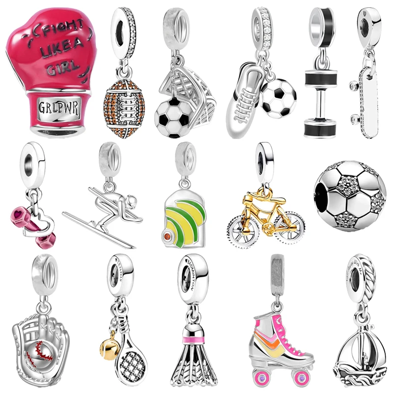 Fine Rugby Football Tennis Volleyball Badminton Baseball Charm Beads Fit Original 925 Silver Pandora Bracelet DIY Women Jewelry