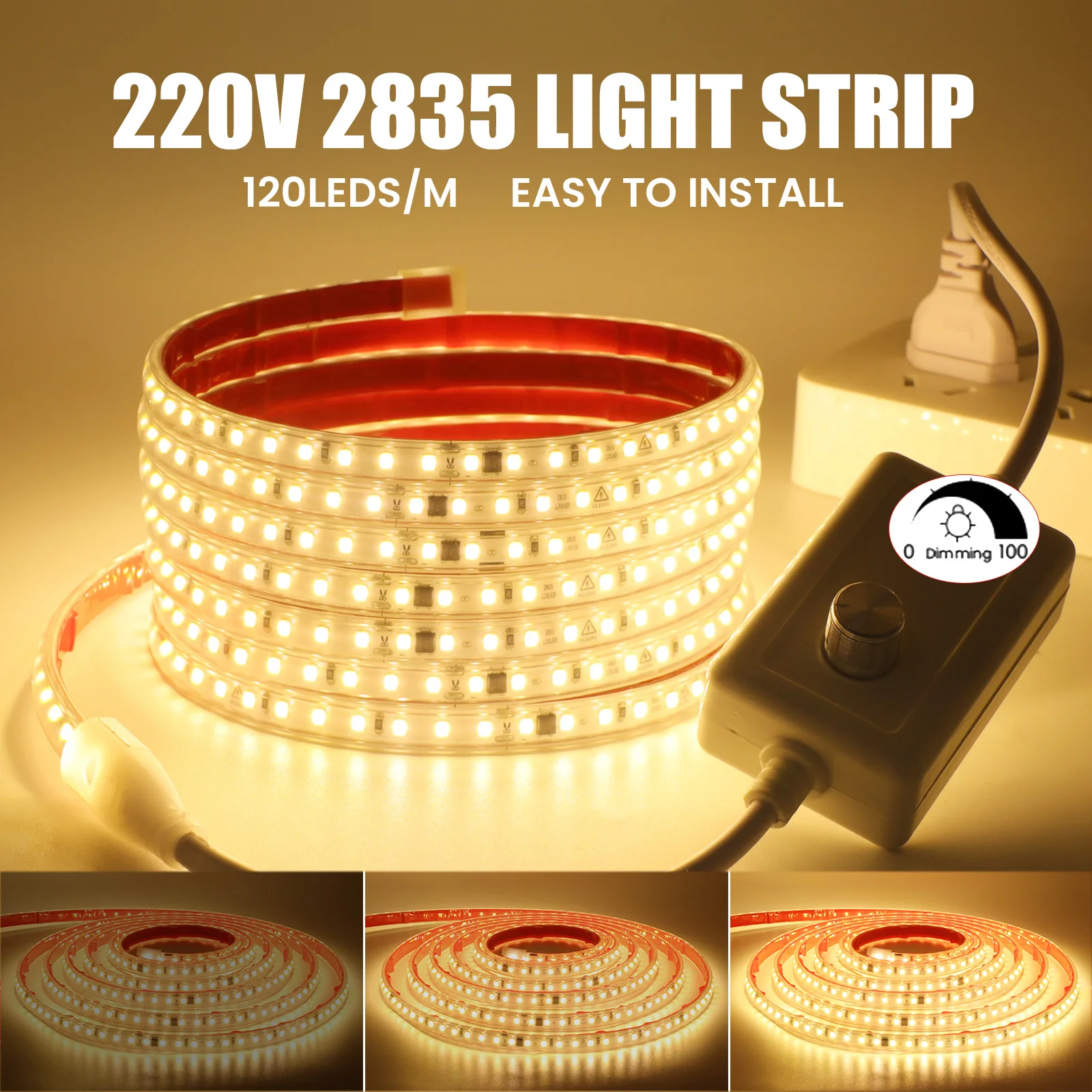 

Dimmerable LED Strip AC 220V 240V EU UK Plug Waterproof 120Leds/M Flexible Ribbon Stripe Self Adhesive Tape Strip Chain Light