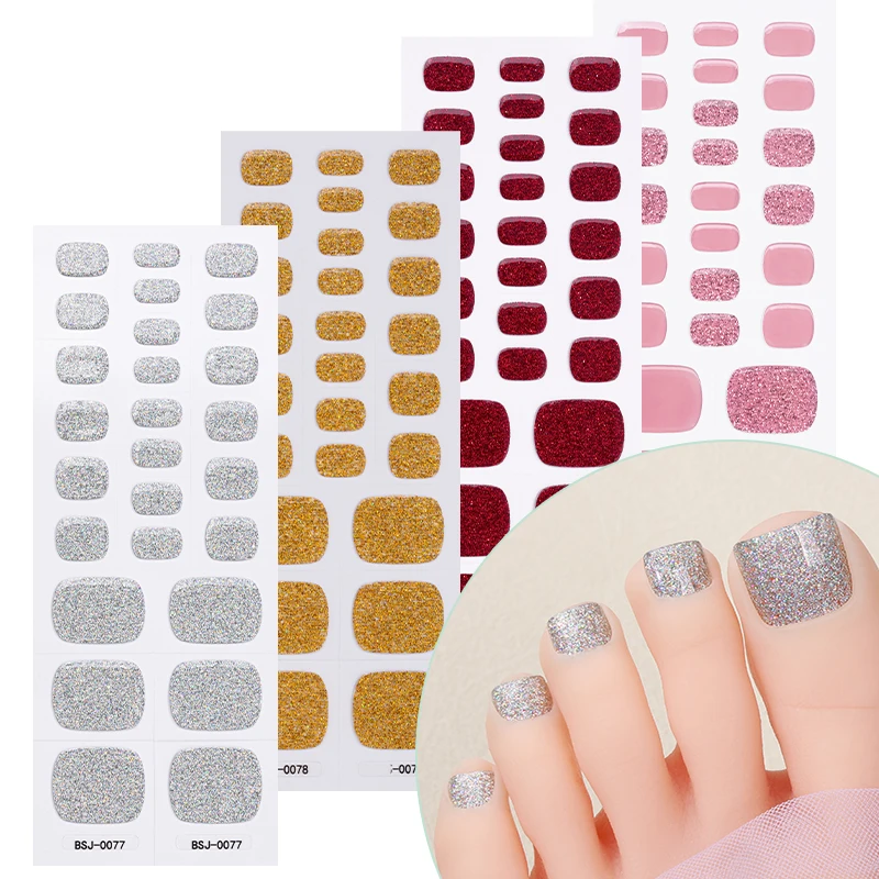 26Tips Solid Color Toe Nail Sticker Glitter Self-Adhesive Feet UV Gel Nail Wraps for Manicure Nail Stickers Sliders Decorations