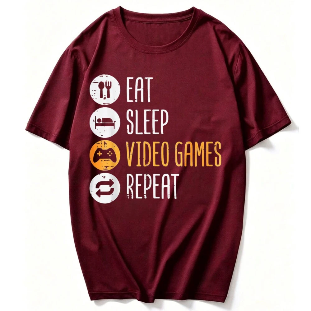 Eat Sleep Video Games Repeat Gaming Gamer Men Boys Teen T-Shirt Funny Outdoors Summer High Quality Cotton Short-sleev Tees Top