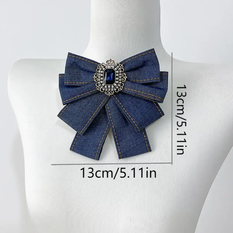 Vintage British Elegant Denim Bow Brooch Pear Crystal Badge British Style Shirt Pins Jewelry Brooches for Women Accessories