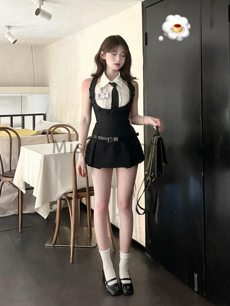 American Y2k Jk Uniform 2 Piece Set Summer Vintage Sleeveless Shirt + Hanging Neck Dress Suit Aesthetic Korean Fashion Sets 2024