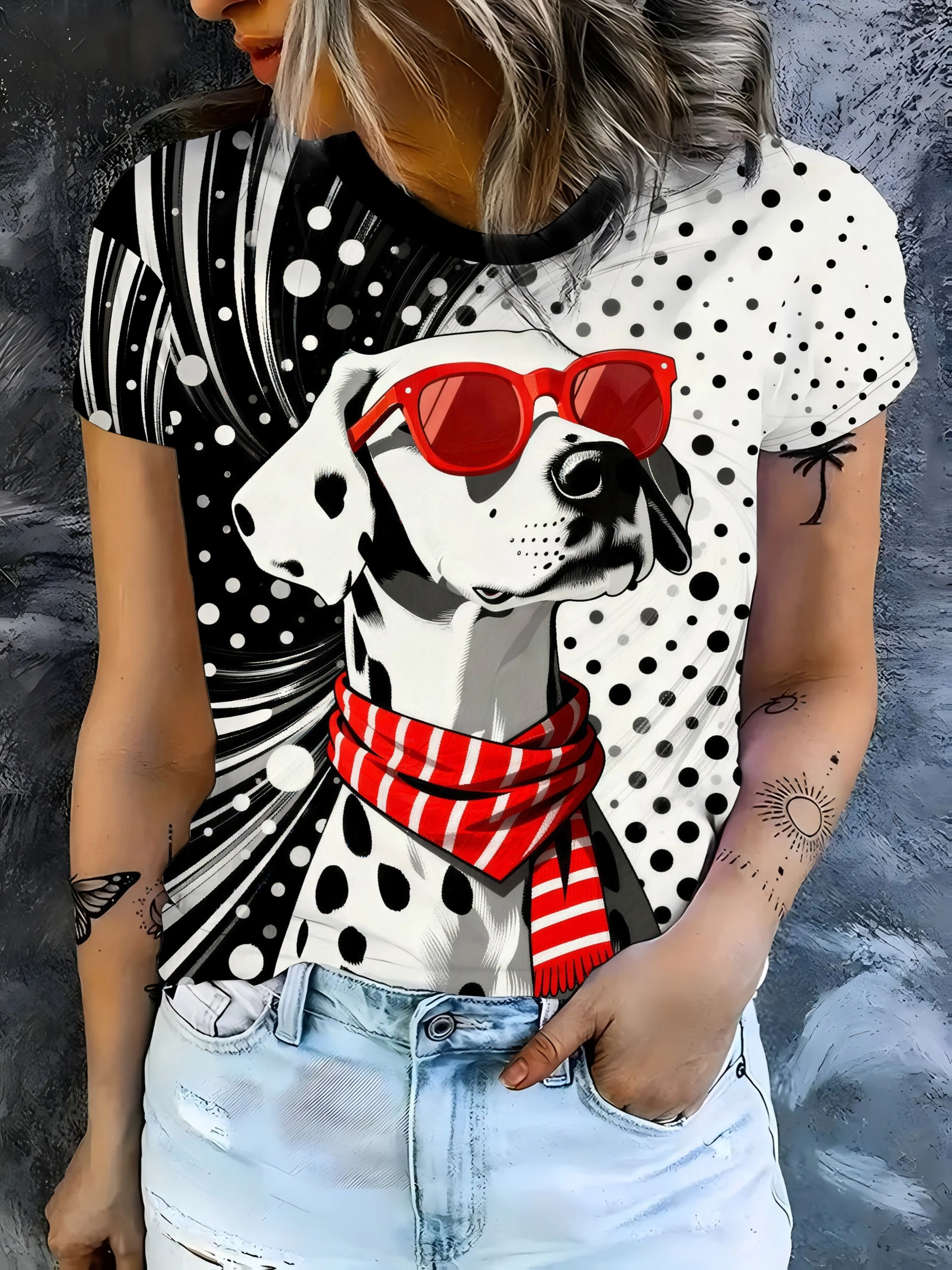 Women Trendy Animal Print T‑Shirt Stylish Dalmatian Dog With Red Accessory Polka Dot Background Short Sleeve Crew Neck Daily Tee