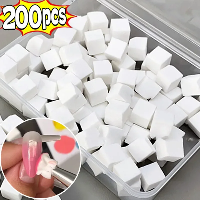 White Square Nail Sponge Set 200PCS Gradient Nail Brush Soft Mini Nails Smudge Tool DIY Manicure Makeup Sponge with Grabbing Pen