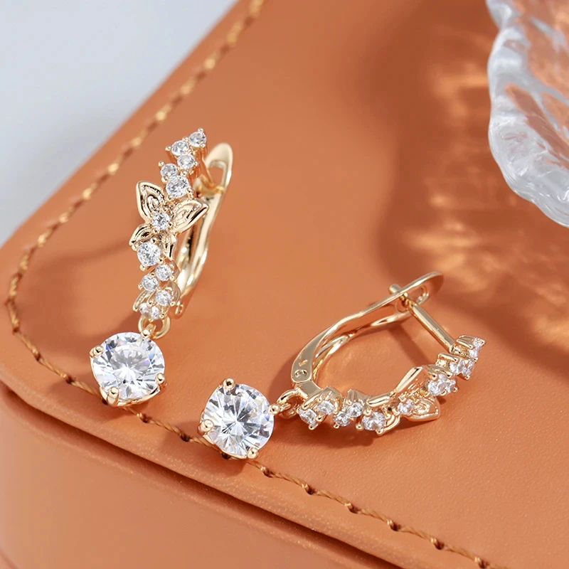 Wbmqda Sparkling Natural Zircon Drop Earrings For Women 585 Rose Gold Color Luxury And Romantic Wedding Party Dubai Jewelry