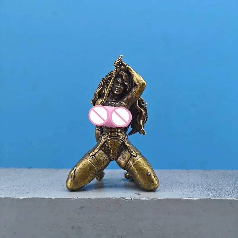 Vintage Brass Kneeling Fantasy Female Warrior Mini Figurine Desktop Collectible Craft Ornament Fantasy Diorama Scene Decor