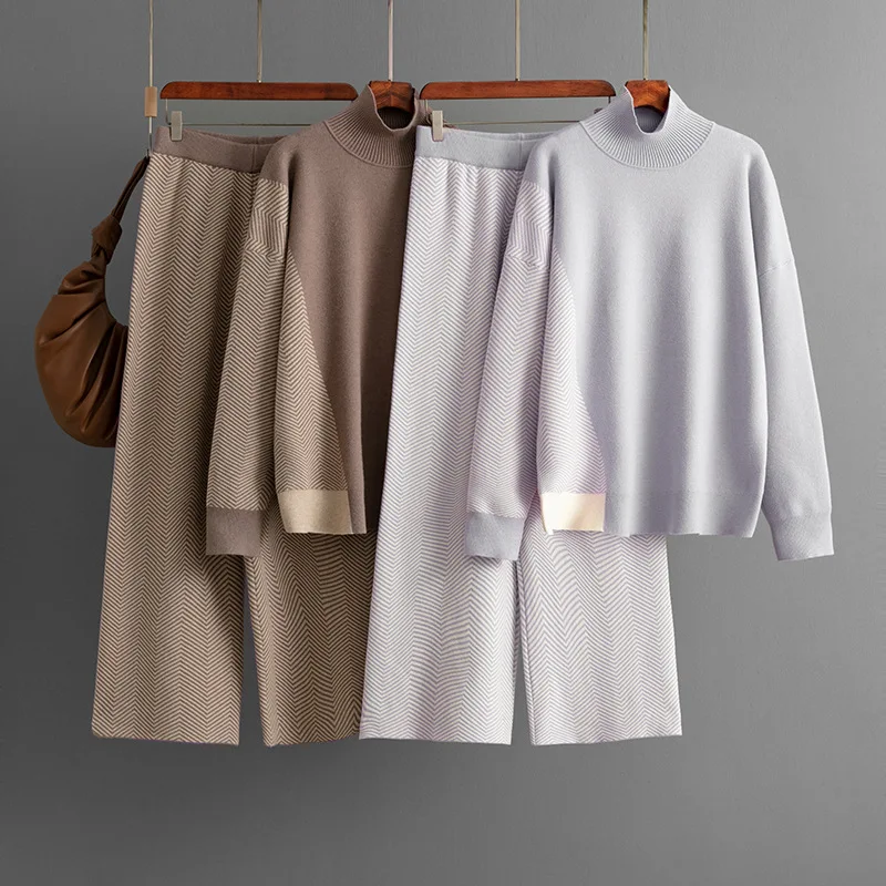 

Европейская и американская женская мода, полуводолазка с цветными блоками, свободный вязаный топ, широкие брюки, комплект из двух предметов