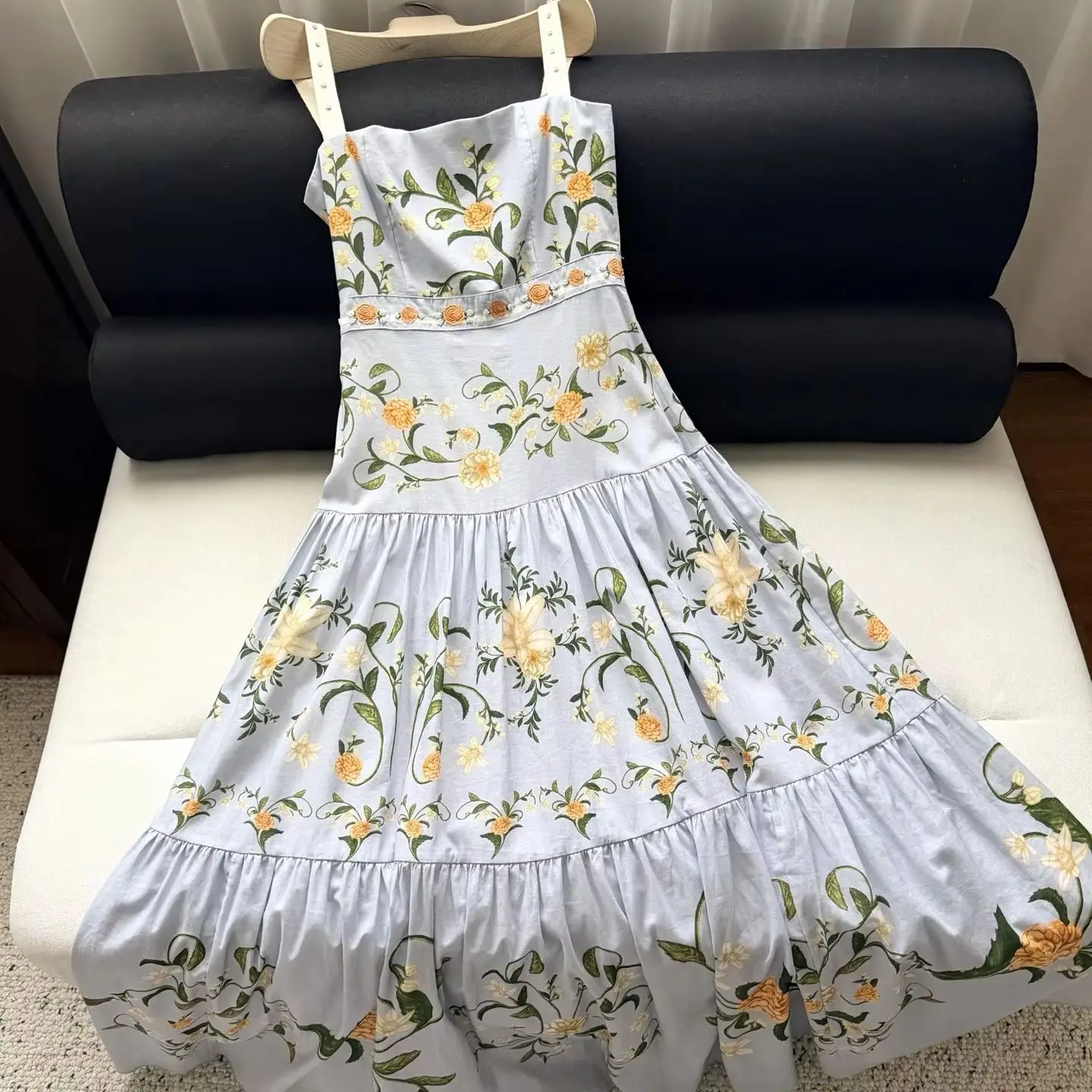 100% Linen Women Floral Print Embroidery Maxi Dress Square Collar Sleeveless High Waist Vacation Long Dress